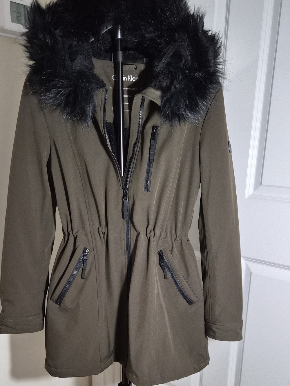 Calvin Klein Dark Olive Green Hooded Parka with Detachable Black Faux Fur Trim